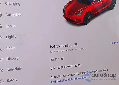 2019 Tesla Model 3 Long Range/Mid Range/Standard Range/Standard Range Plus z USA, uszkodzony, nr VIN 5YJ3E1EA6KF362425